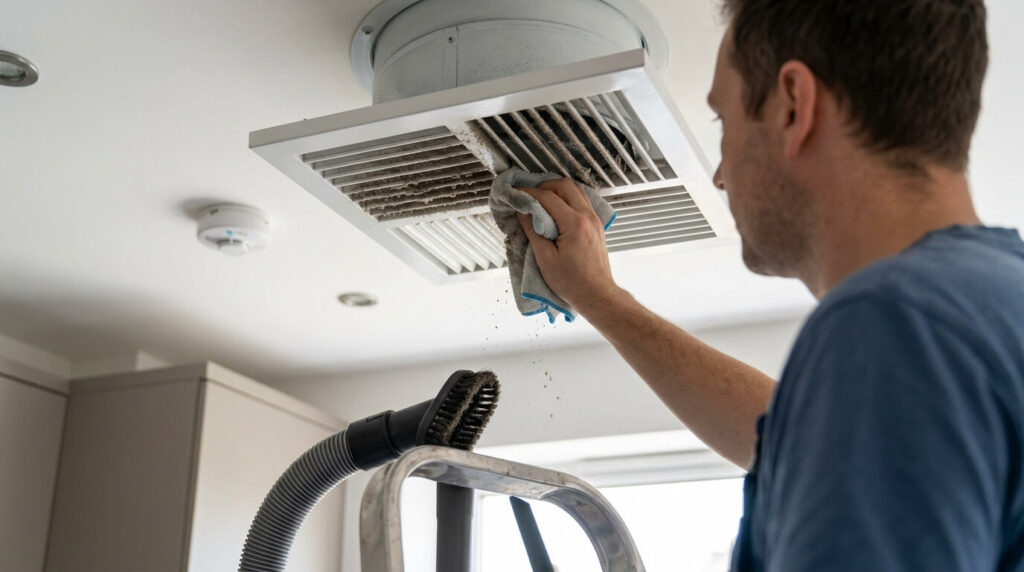 Une personne nettoyant les grilles d'aspiration d'une bouche de ventilation pour enlever la poussière accumulée.