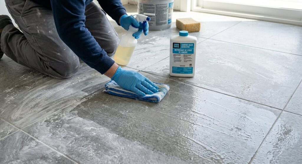 L'application d'un produit nettoyant liquide pour éliminer le voile de ciment blanc après la pose des carreaux.