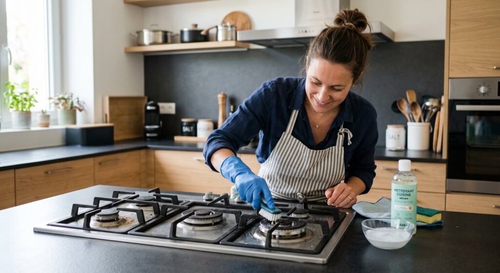 Une personne nettoyant les brûleurs d'une table de cuisson à gaz dans une cuisine moderne.
