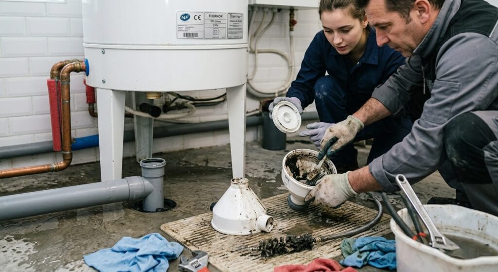 Eau qui refoule par le siphon du cumulus : causes et dépannage 4 Démontage et nettoyage du siphon d'évacuation sous le chauffe-eau.