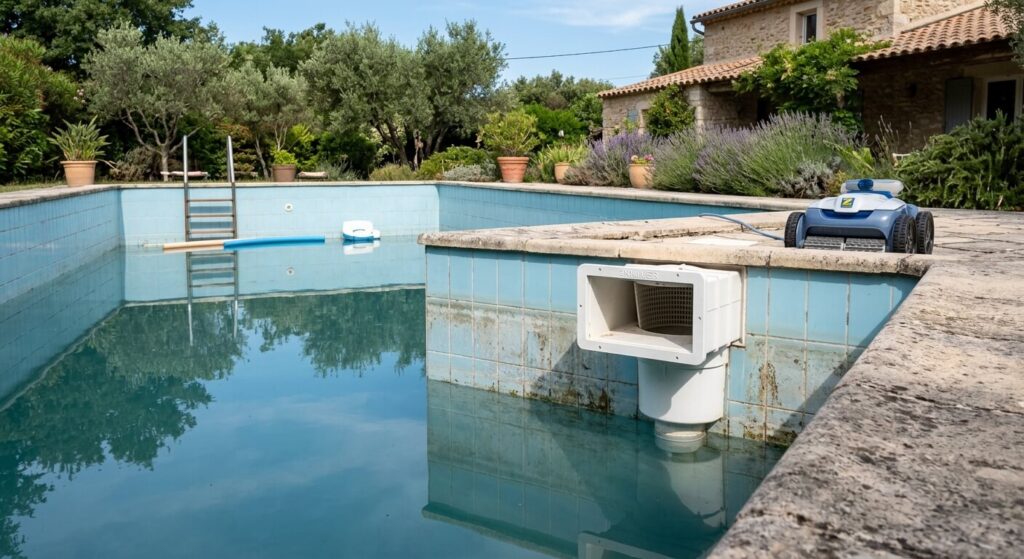 Le niveau de l'eau d'une piscine descendu bien en dessous de la ligne des skimmers en plastique.