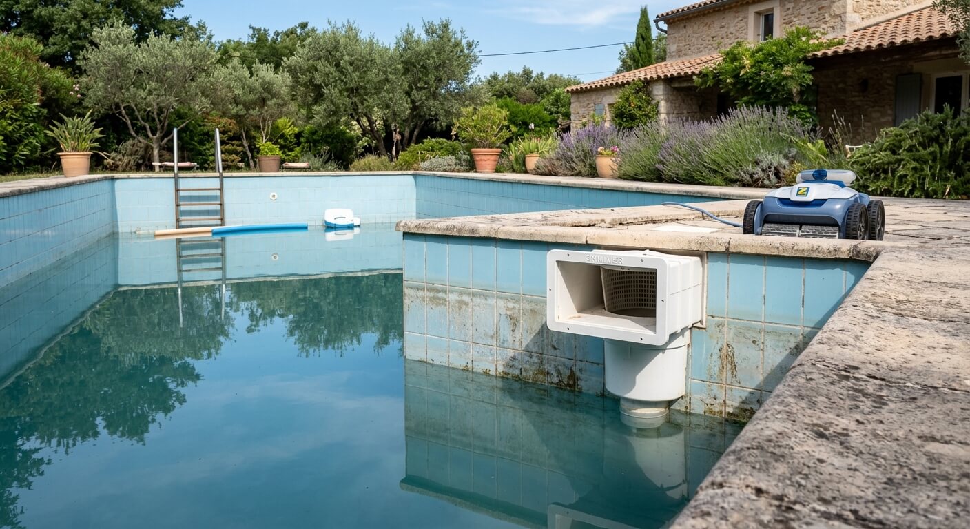 Le niveau de l'eau d'une piscine descendu bien en dessous de la ligne des skimmers en plastique.