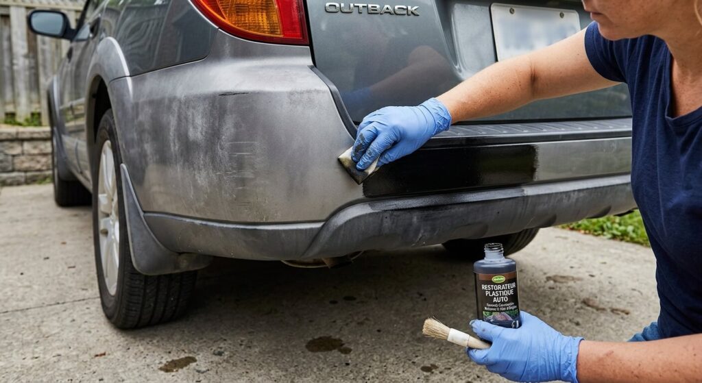 Un pare-choc de voiture en plastique gris en cours de traitement pour retrouver sa couleur noire d'origine.