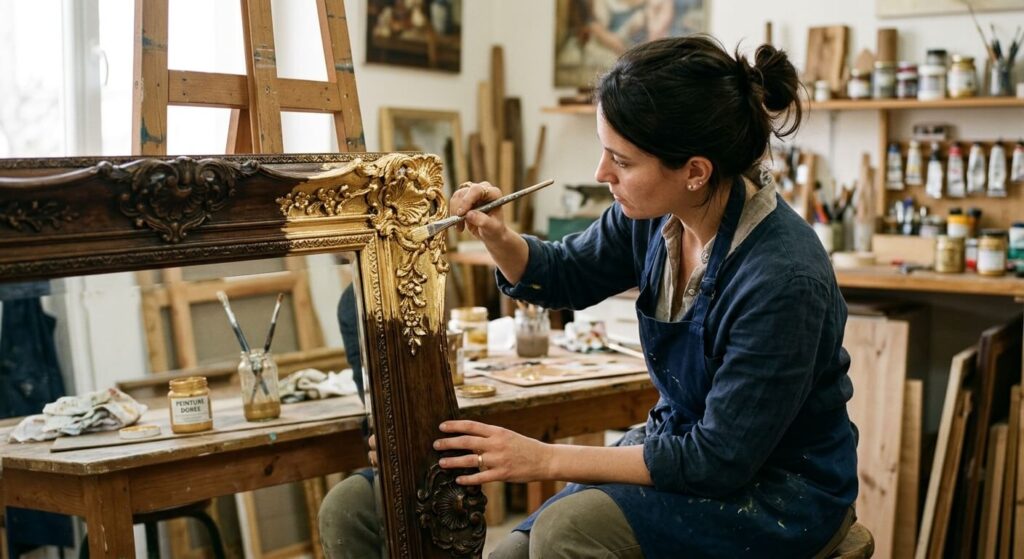 Peindre un miroir : techniques pour relooker le cadre et le verre 2 Une personne appliquant de la peinture dorée au pinceau sur les moulures du cadre d'un miroir.
