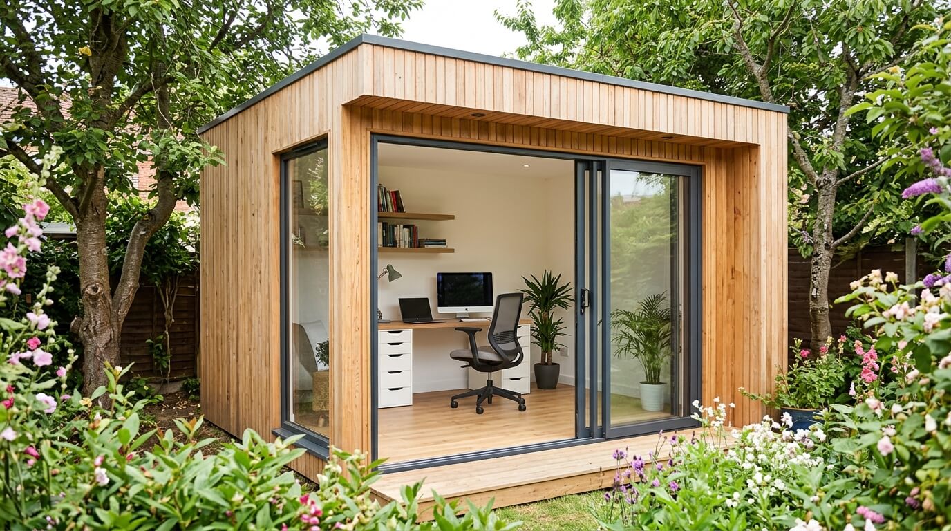 Un studio de jardin en bois de petite dimension aménagé en bureau de télétravail lumineux.