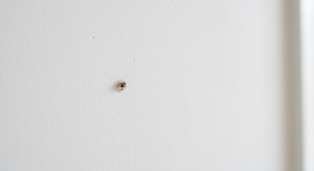 Petites araignées dans la maison : pourquoi sont-elles là et comment s'en débarrasser ? 2 Une minuscule araignée inoffensive se déplaçant discrètement sur un mur intérieur propre.