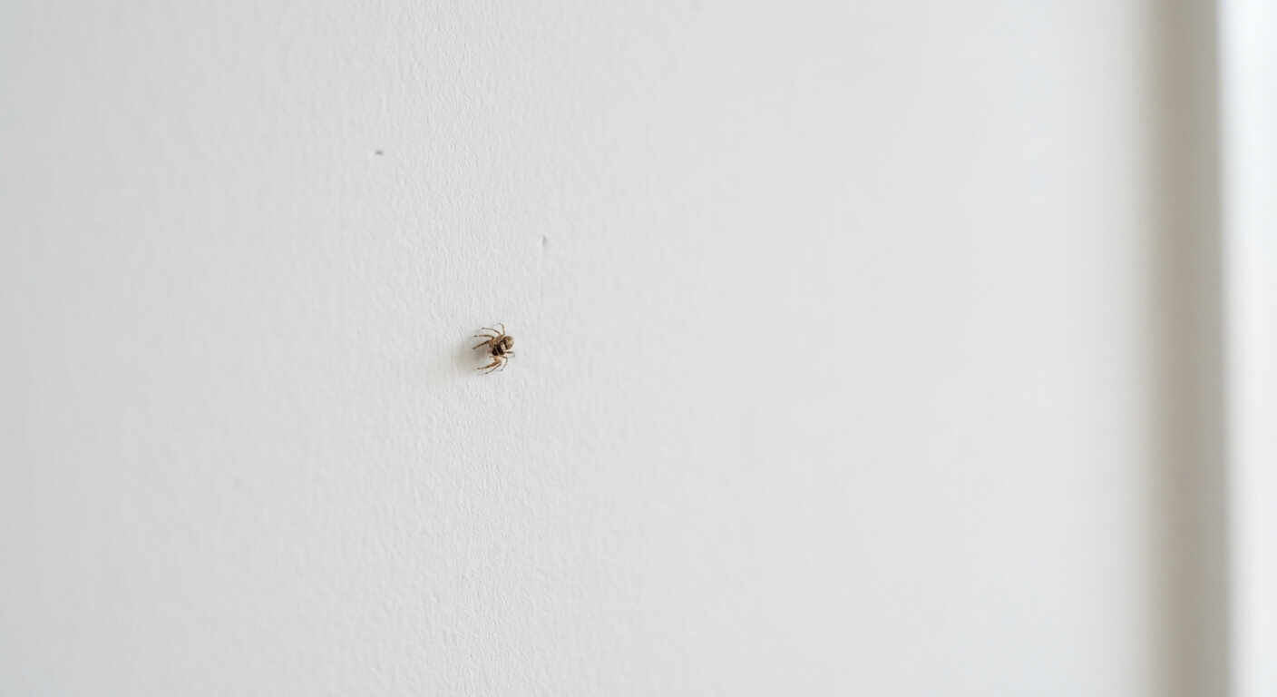 Une minuscule araignée inoffensive se déplaçant discrètement sur un mur intérieur propre.