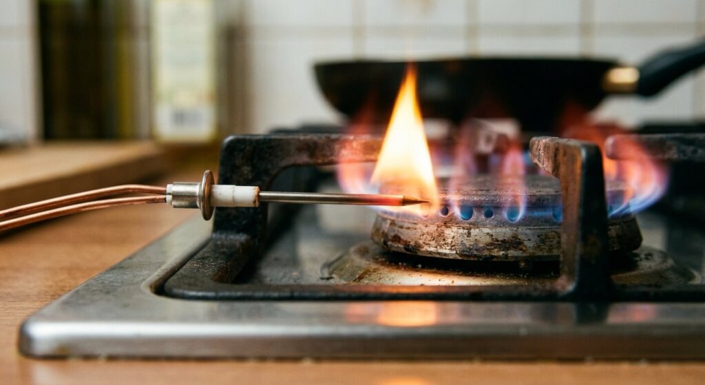 Une vue rapprochée de la petite tige en métal pointue, appelée thermocouple, située juste à côté de la flamme d'un brûleur.