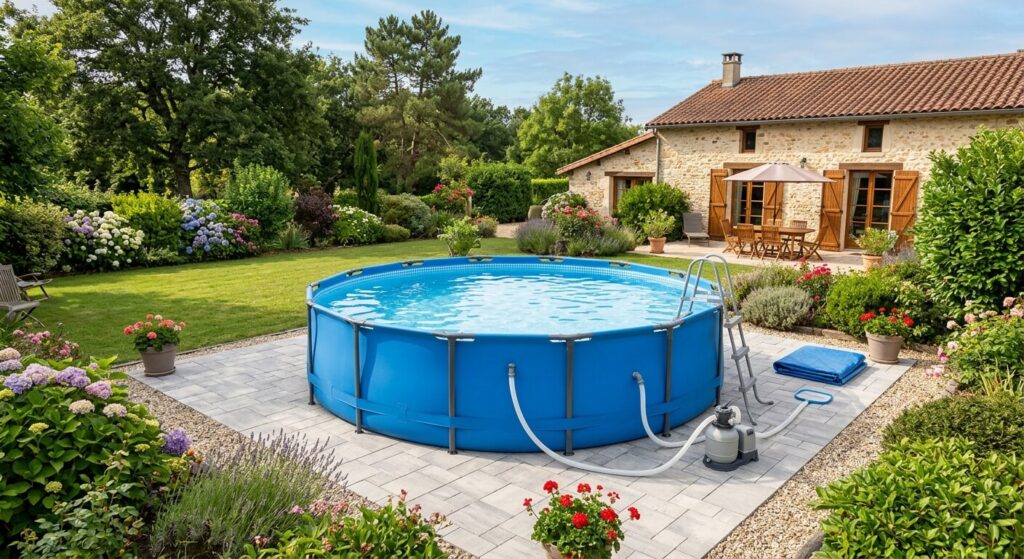 Poser du polystyrène extrudé sous une piscine : avantages et méthode de pose 3 Une piscine tubulaire installée dans un jardin, posée sur une assise stable et plate.