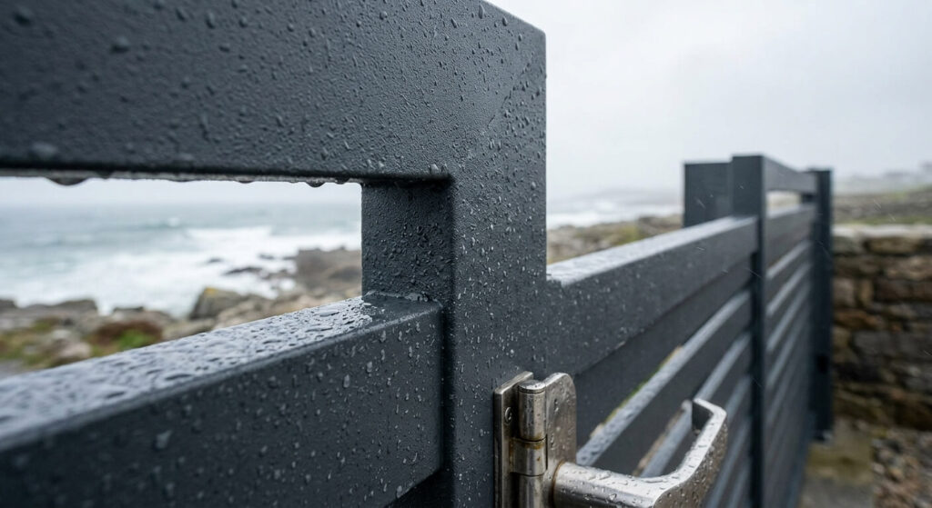 Portail aluminium : avantages et entretien en Normandie 3 Focus sur les finitions thermolaquées d'un portail en aluminium résistant aux embruns et à la pluie.