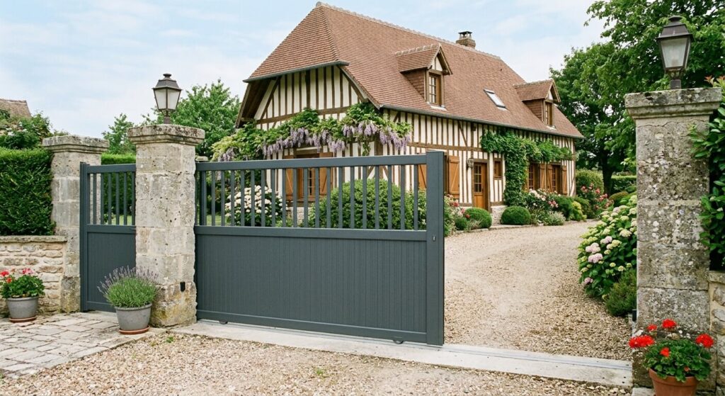 Portail aluminium : avantages et entretien en Normandie 2 Un grand portail aluminium coulissant de couleur gris anthracite installé à l'entrée d'une maison normande.