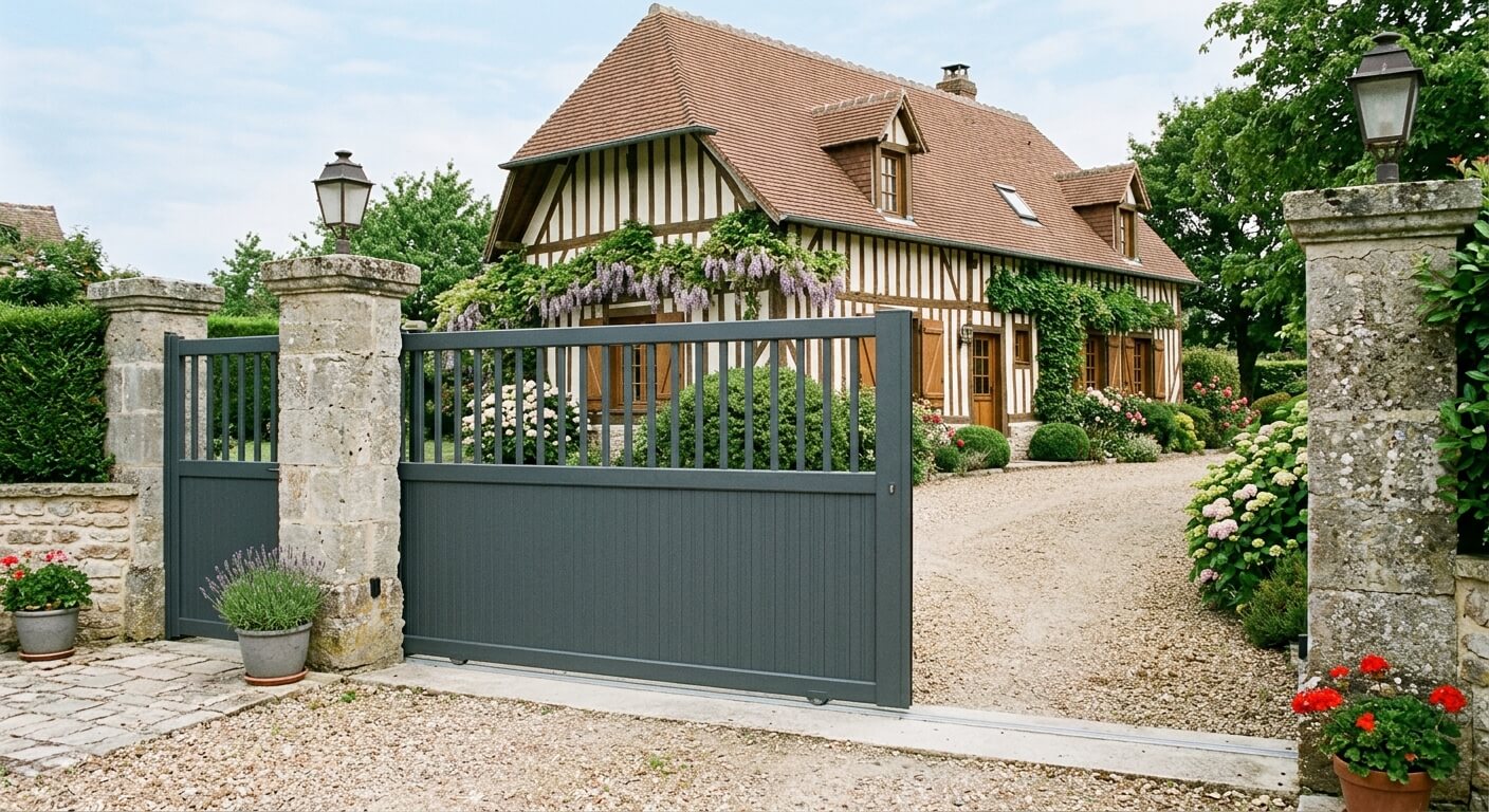 Un grand portail aluminium coulissant de couleur gris anthracite installé à l'entrée d'une maison normande.