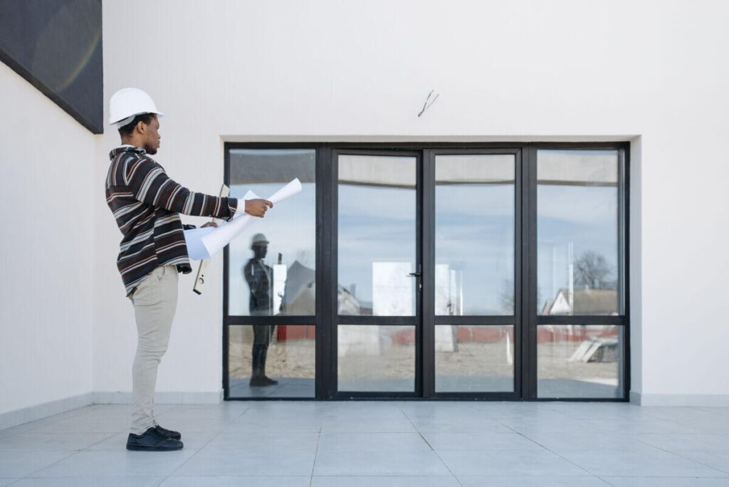 Un artisan installant un double vitrage en PVC blanc sur la façade d'une maison en chantier.