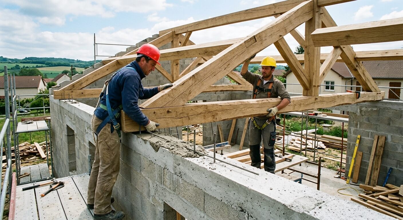 Pose d'une pièce de charpente en bois sur l'arase d'un mur en blocs de béton.