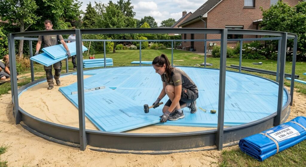 Poser du polystyrène extrudé sous une piscine : avantages et méthode de pose 2 L'assemblage de plaques de polystyrène extrudé bleu sur un lit de sable avant le déploiement du liner d'une piscine hors-sol.