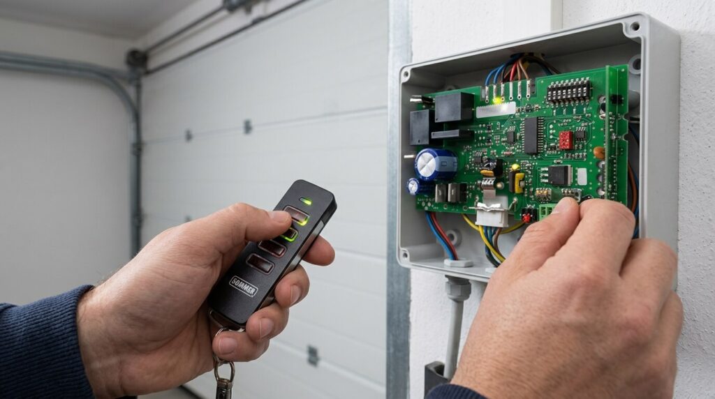 Un utilisateur appuyant sur les boutons d'une télécommande Sommer près de la centrale électronique du garage.