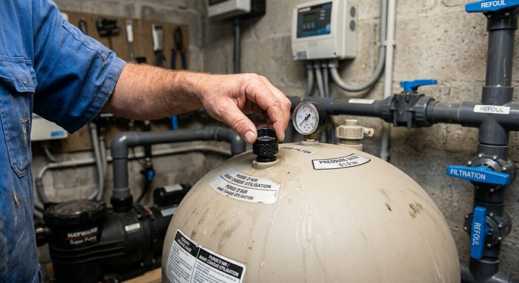 Une main tournant la petite valve de purge d'air noire située sur le dôme supérieur d'un filtre.