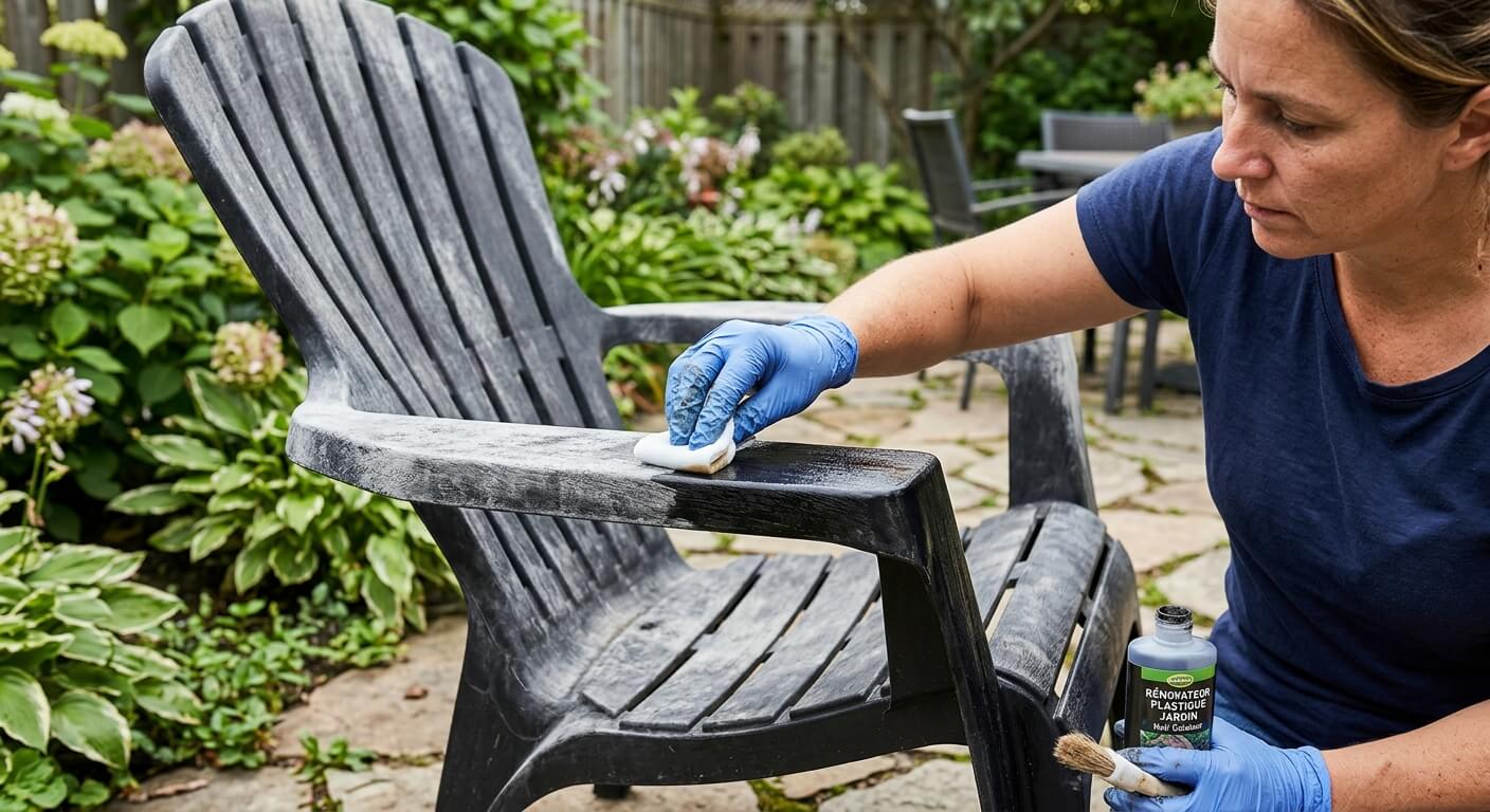 Une personne appliquant un produit rénovateur sur un accoudoir de chaise de jardin en plastique noir blanchi.