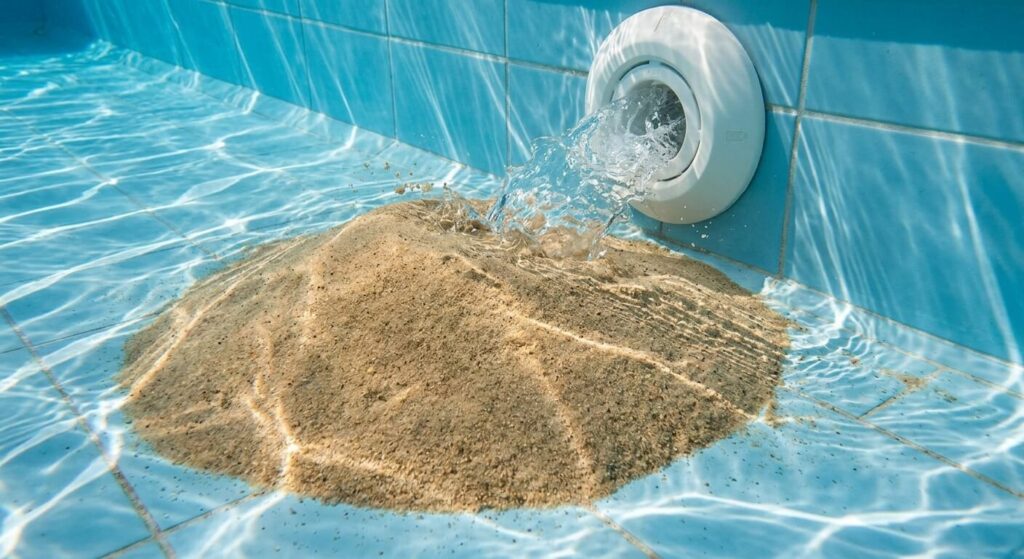 Un tas de sable fin accumulé au fond d'un bassin d'eau claire, juste sous une buse de refoulement.