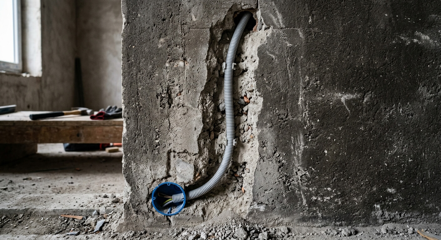 Une saignée creusée dans un mur en béton contenant une gaine électrique grise avant rebouchage.