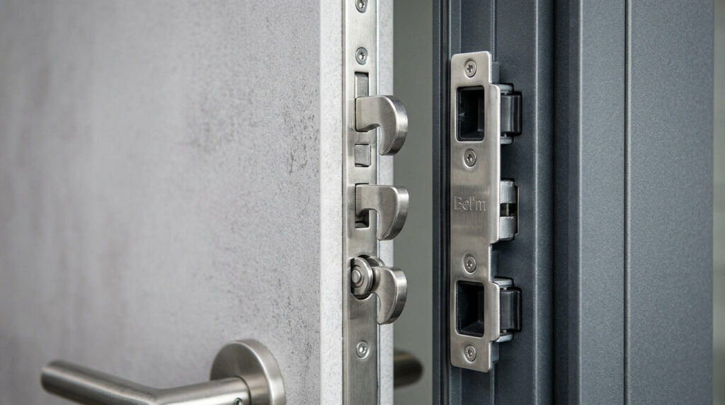 Gros plan sur le mécanisme de gâche et le déclencheur d'une porte d'entrée contemporaine Bel'm.