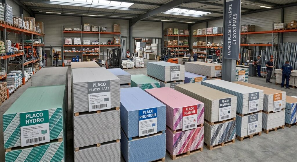 Quelle différence entre le placo Hydromax et Hydrorésist ? Le guide comparatif 4 Différents modèles de plaques de plâtre empilés dans un magasin de matériaux de construction.
