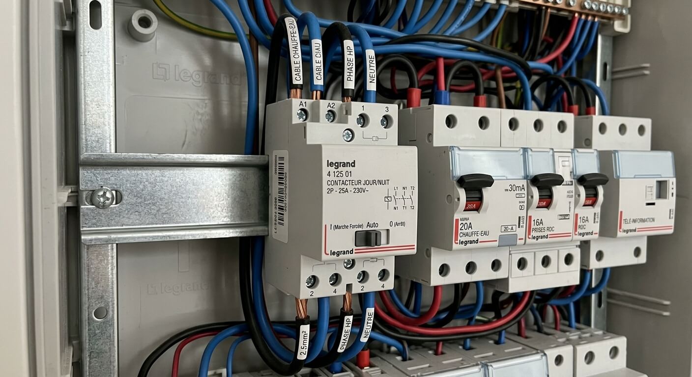 Le module d'un contacteur jour nuit installé sur les rails en métal d'un tableau électrique de maison.