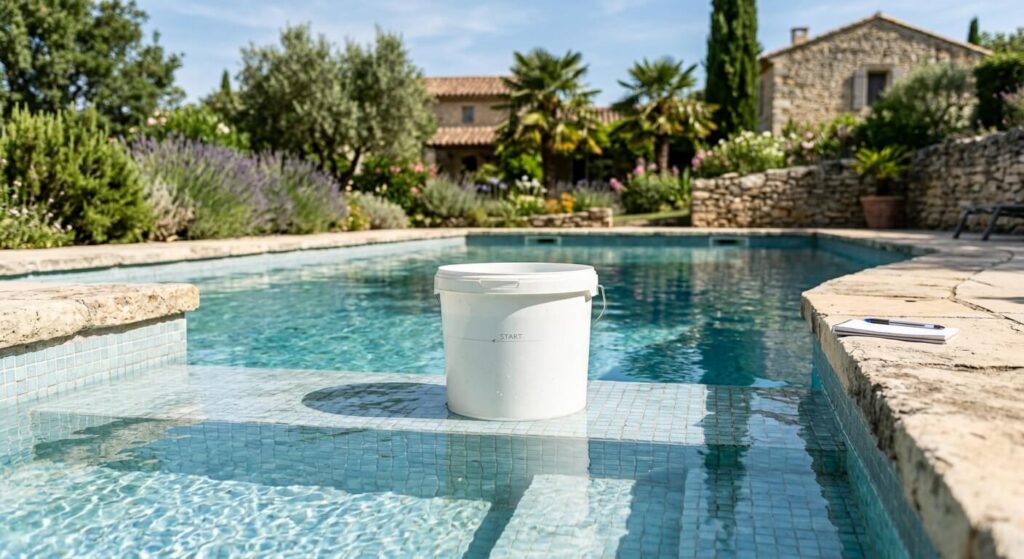 Un seau d'eau posé sur la première marche d'une piscine pour réaliser le test de l'évaporation naturelle.