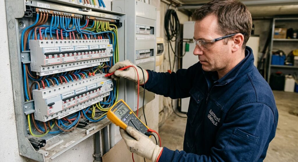 Contacteur jour/nuit qui fait du bruit : causes et solutions 3 Une personne vérifiant la tension électrique d'un disjoncteur à l'aide d'un appareil de mesure.