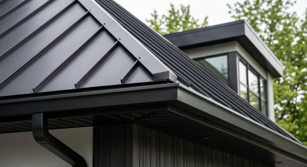 Toiture métallique à Laval : un investissement qui traverse les hivers québécois 4 Vue rapprochée des finitions épurées d'un toit en métal noir de style contemporain.