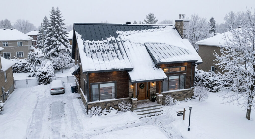 Toiture métallique à Laval : un investissement qui traverse les hivers québécois 2 Une maison résidentielle à Laval équipée d'une toiture métallique moderne sous une épaisse couche de neige en hiver.