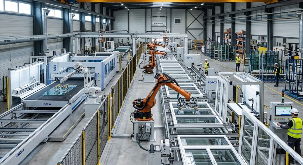Une ligne de production automatisée de fenêtres et de vitrages dans une grande usine moderne.