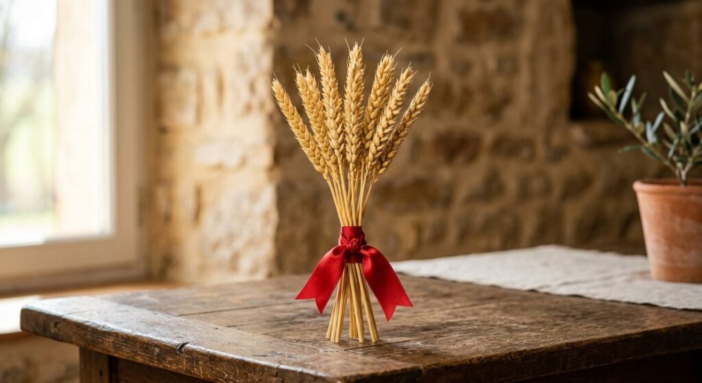 Épis de blé porte-bonheur : signification, traditions et maison 4 Composition symbolique de sept épis de blé noués avec un ruban rouge.