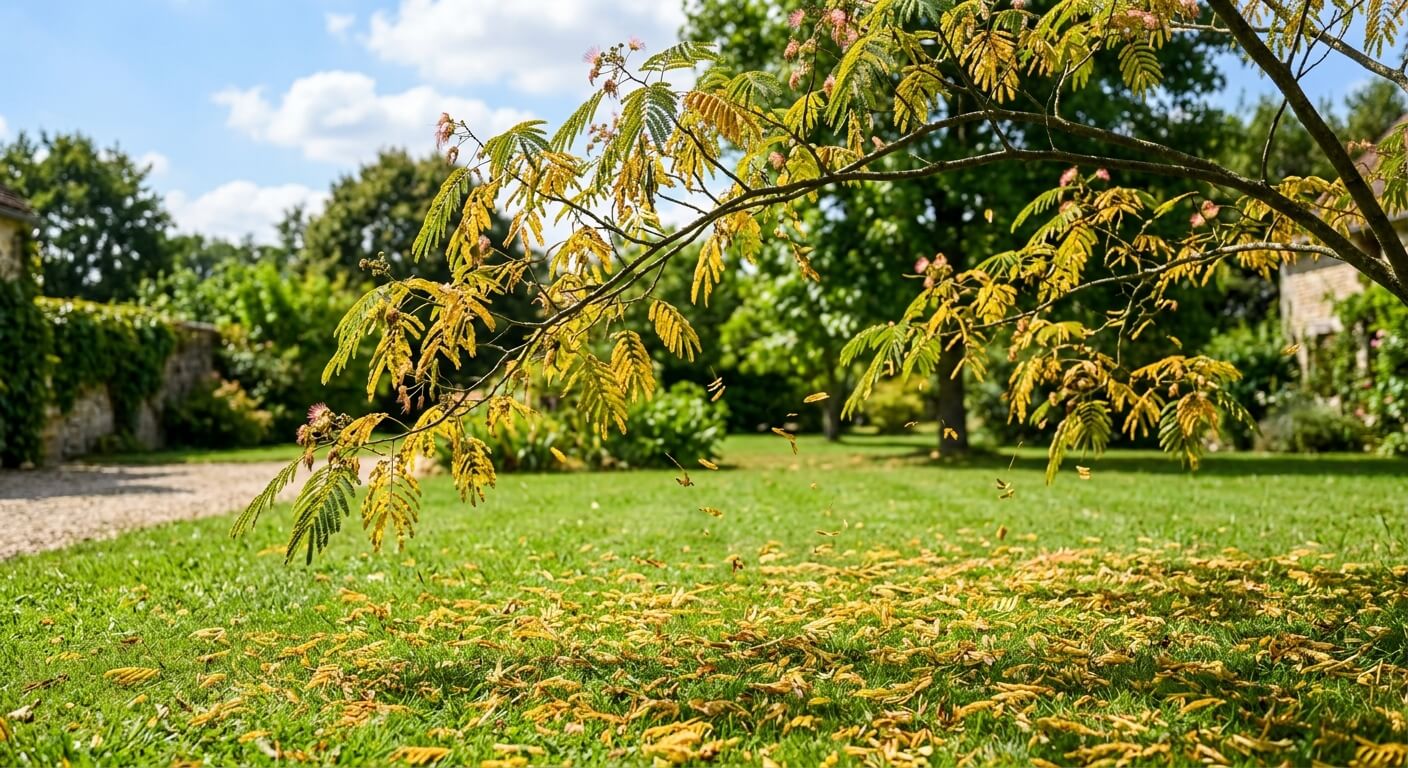 Branches d'un albizia dont les folioles jaunissent et tombent sur la pelouse en juillet.