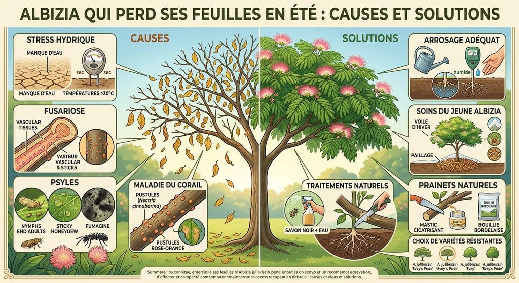 Albizia qui perd ses feuilles en été : causes, psylle, sécheresse et solutions 3