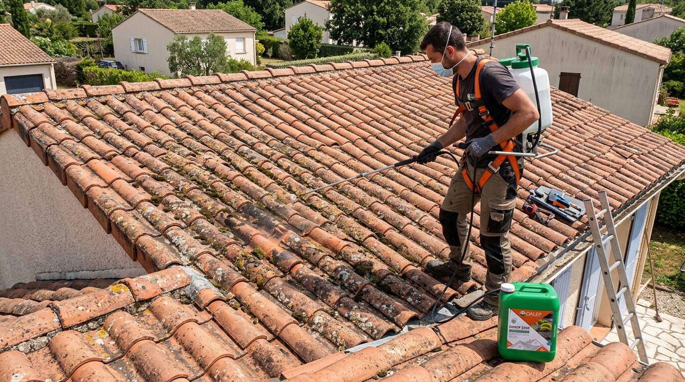 Artisan appliquant le traitement antimousse Dalep 2100 au pulvérisateur sur une toiture en tuiles.