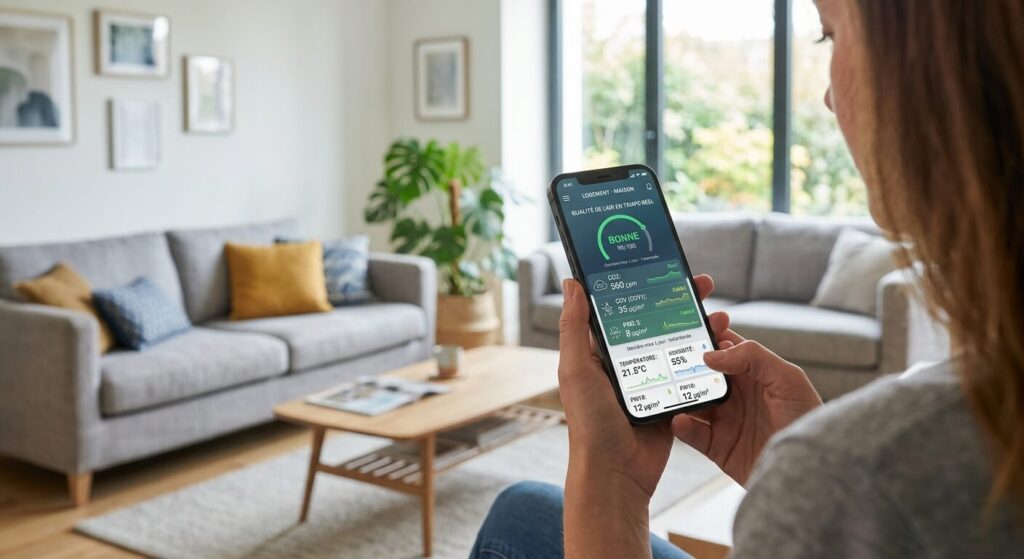 Smartphone affichant les données en temps réel de la qualité de l'air d'un logement.