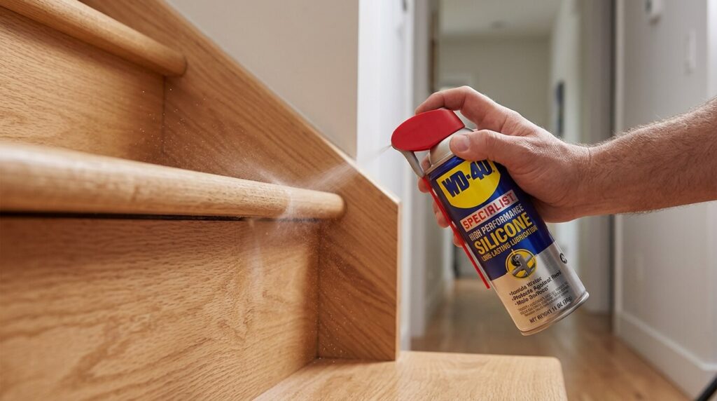 Pulvérisation précise d'un spray lubrifiant silicone WD-40 entre la marche et la contremarche d'un escalier.
