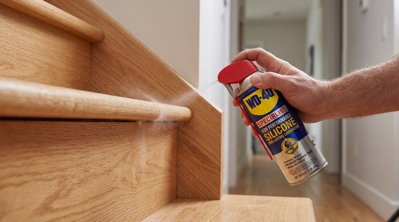 Pulvérisation précise d'un spray lubrifiant silicone WD-40 entre la marche et la contremarche d'un escalier.