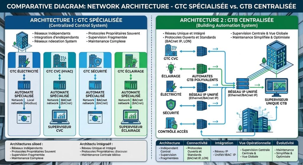 Schéma comparatif de l'architecture réseau entre une GTC spécialisée et une GTB centralisée.