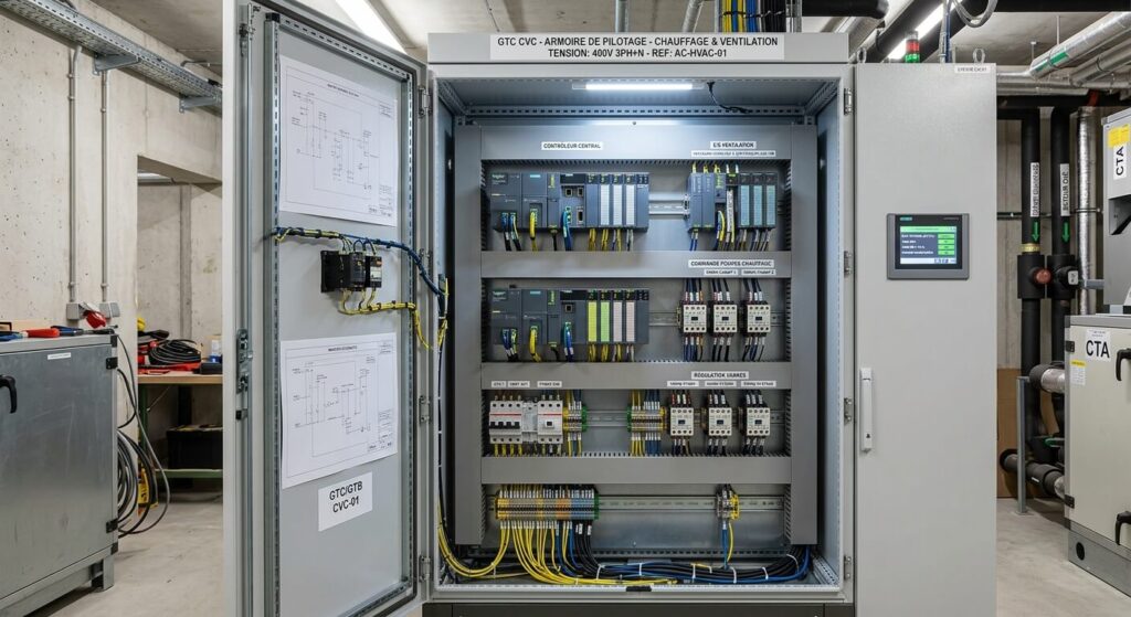 Armoire électrique et automates de GTC dédiés au pilotage du chauffage et de la ventilation.