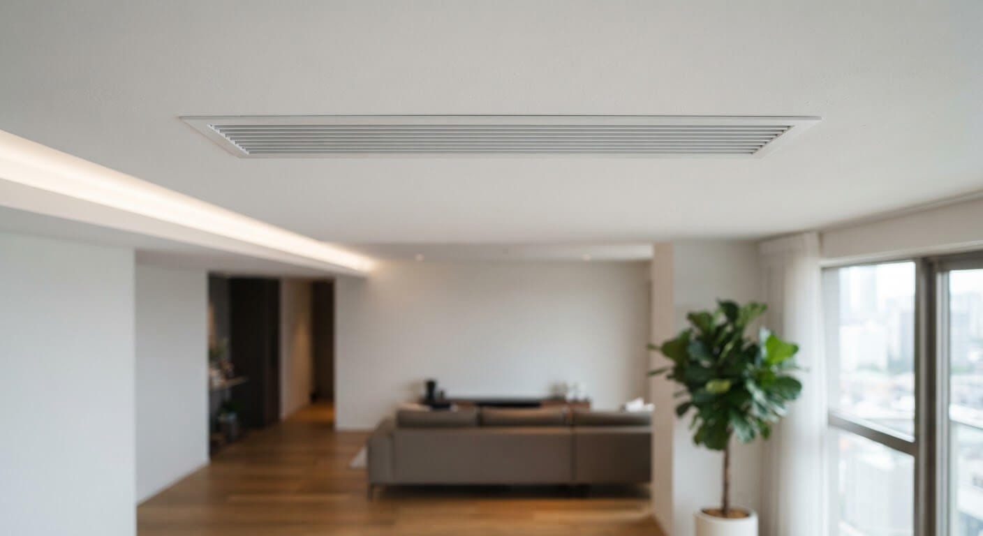 Grille de soufflage d'air discrète intégrée au faux plafond pour un système gainable.