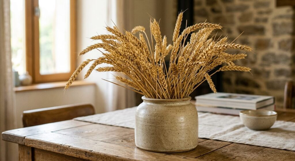 Épis de blé porte-bonheur : signification, traditions et maison 2 Bouquet d'épis de blé dorés séchés disposé dans un vase en céramique.