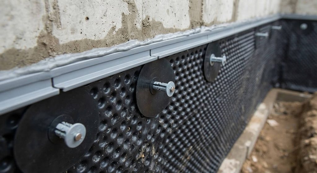 Delta MS pose : comment l'installer correctement sans erreur 3 Zoom sur les chevilles de fixation avec rondelles de répartition et profilé d'étanchéité supérieur Delta MS.
