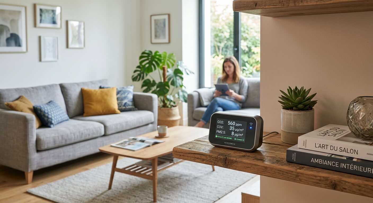 Capteur connecté mesurant le niveau de CO2 et les polluants dans un salon moderne.