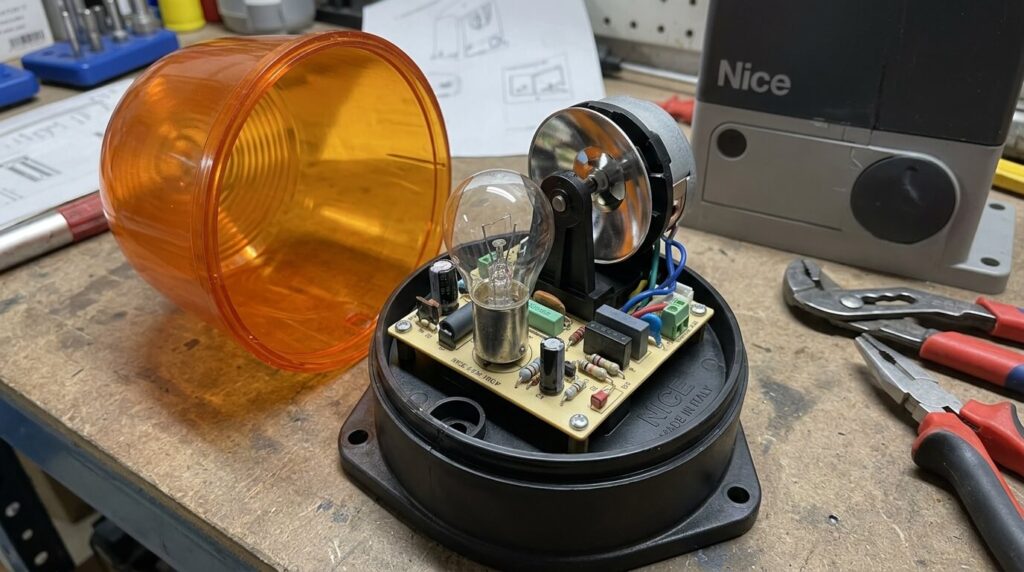 Intérieur d'un gyrophare de motorisation Nice montrant l'ampoule et le circuit.