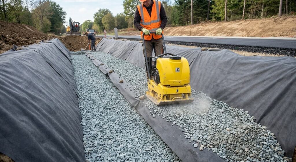 Pose d'un drain routier : étapes, normes et règles de l'art 4 Compactage des couches de matériaux drainants au-dessus d'un drain routier scellé par feutre géotextile.