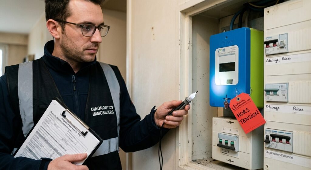 Compteur électrique hors tension lors d'une visite de diagnostic immobilier.