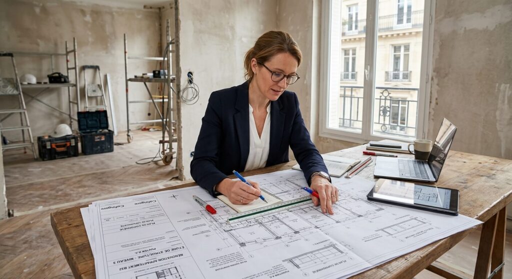 Saignée dans un mur porteur en copropriété : ce qui est autorisé 4 Architecte vérifiant les plans de structure d'un appartement en copropriété.