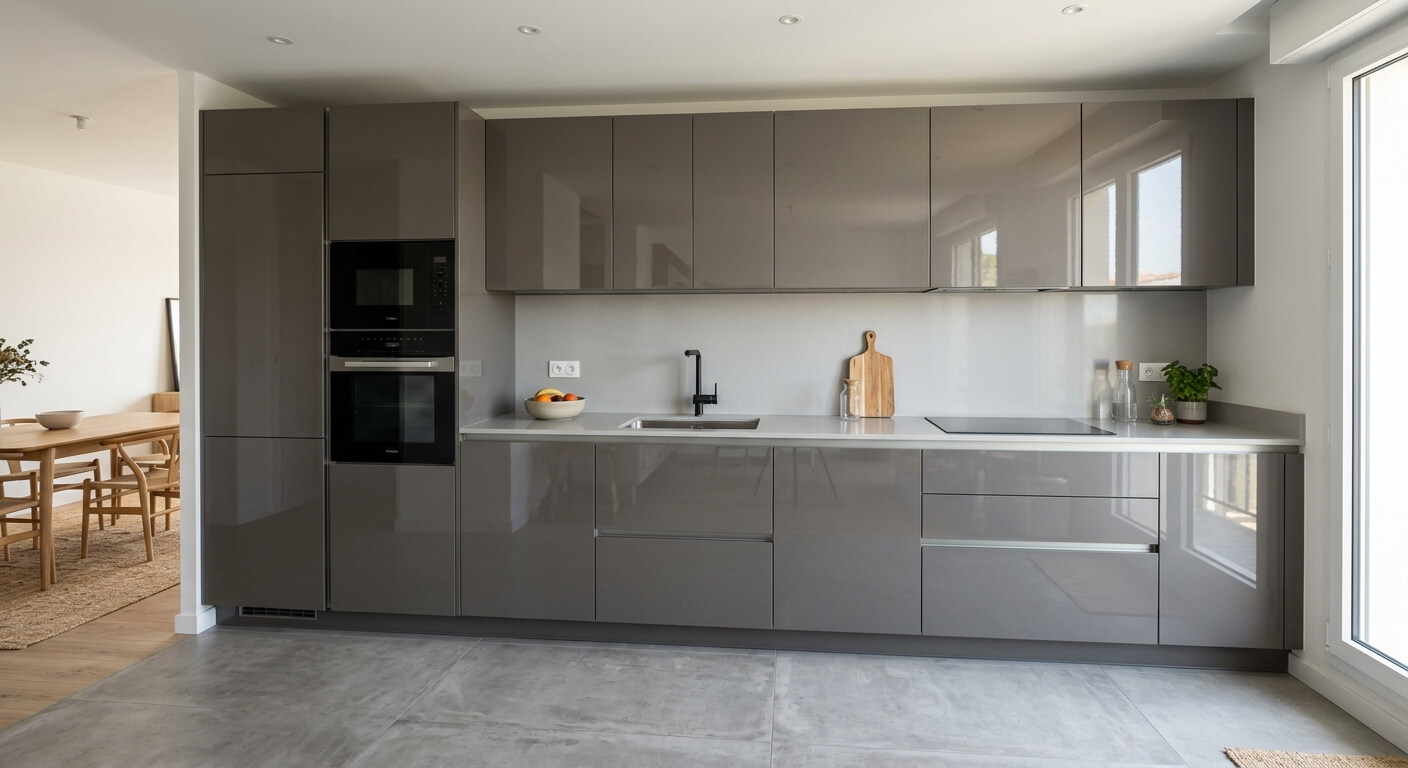 Façades de meubles de cuisine contemporaine en laque laminate finition brillante sans poignée.